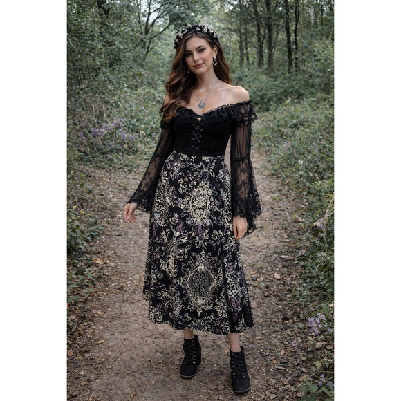 J.H. Collectibles Dresses & Skirts - Whimsigoth Fairygrunge Witchy Elegant Art Black Purple Side Slit Midi 14 Skirt